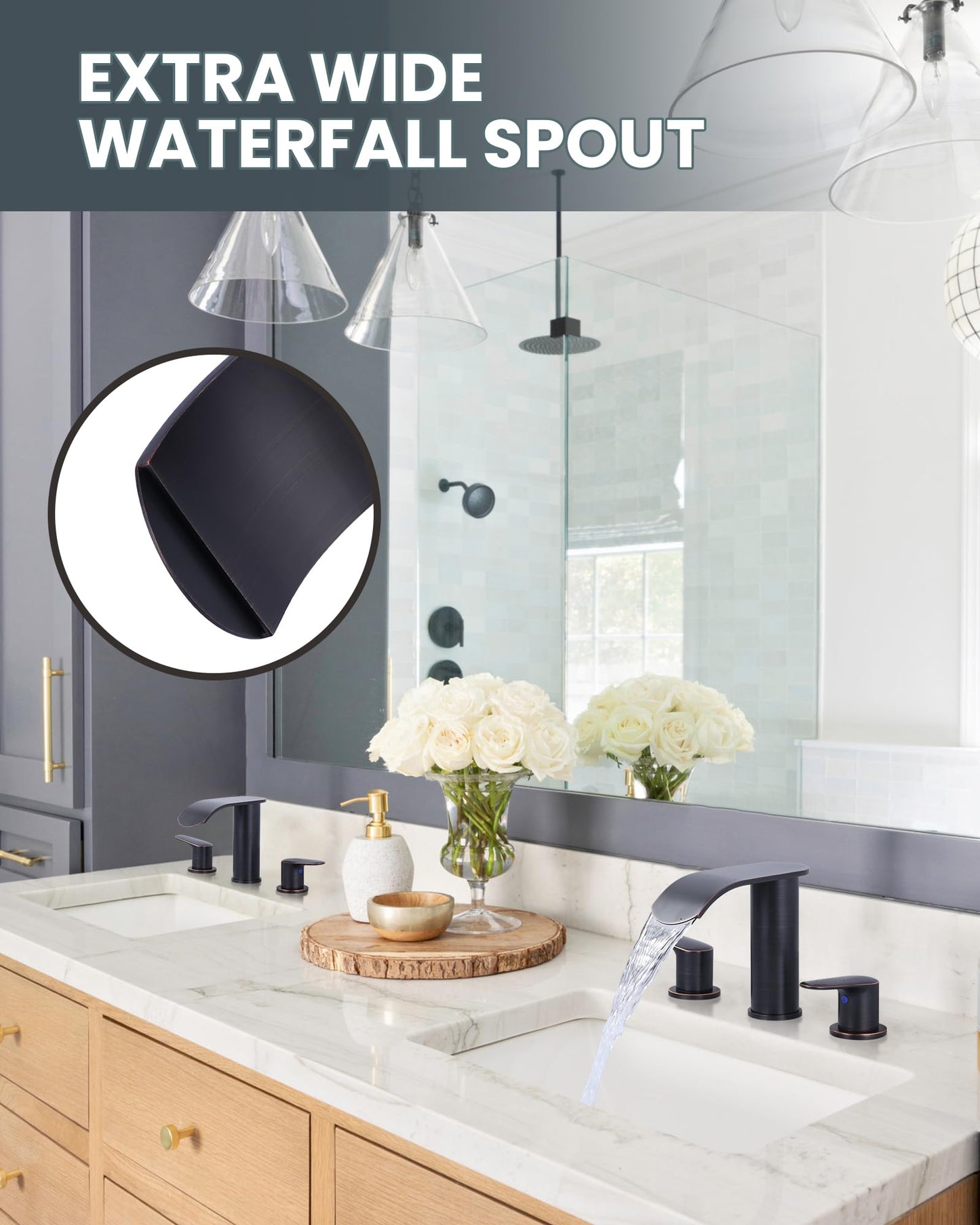 WOWOW Waterfall Bathroom Faucet 3 Holes 8Inch Widespread Bathroom Sink Faucet, Two Handles Lavatory Vanity Sink Faucets with Pop-up Drain & Supply Hoses, Modern Faucet Mixer Taps Oiled Rubbed Bronze