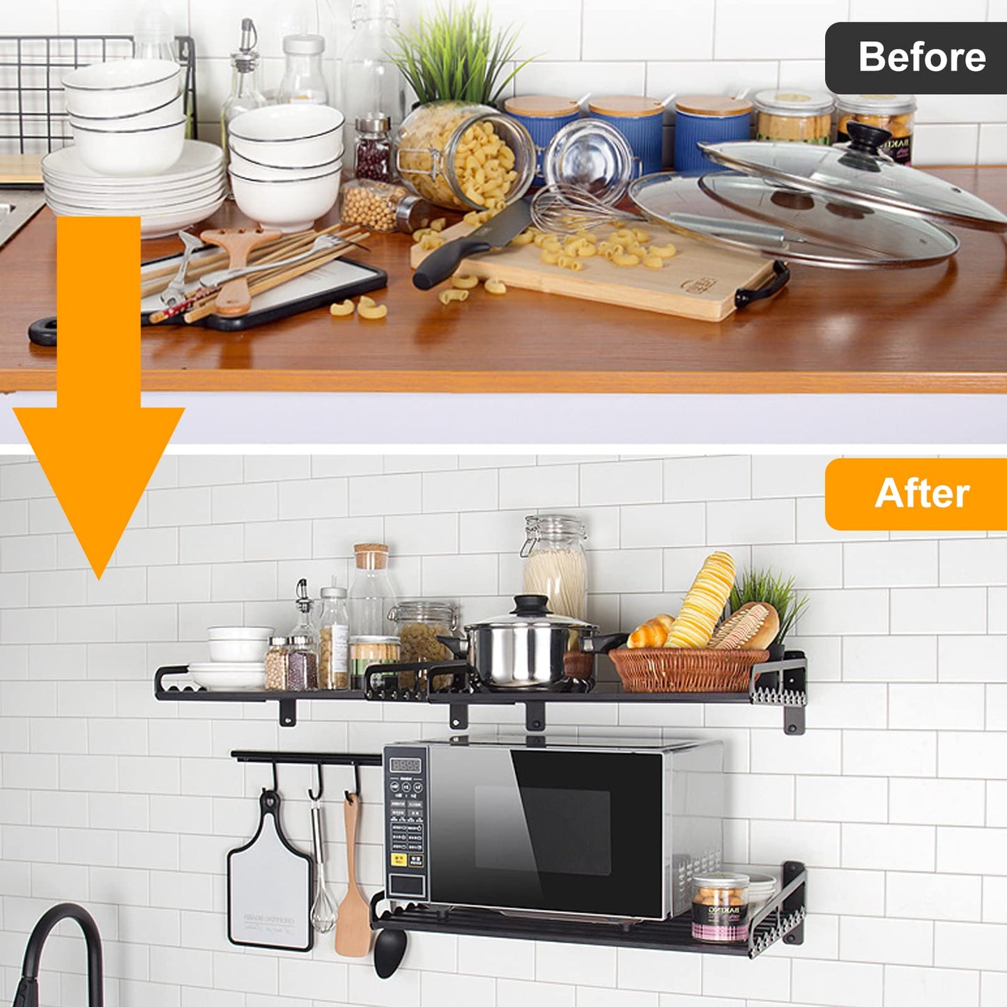 Ganggend Microwave Oven Rack, 23.58"x15.52" Wall Shelf, Mounted Oven Bracket Holder, 80Ib Load Bearing, Household Commercial Microwave Rack for Dorm, Apartment, Kitchen, Bedroom, Black