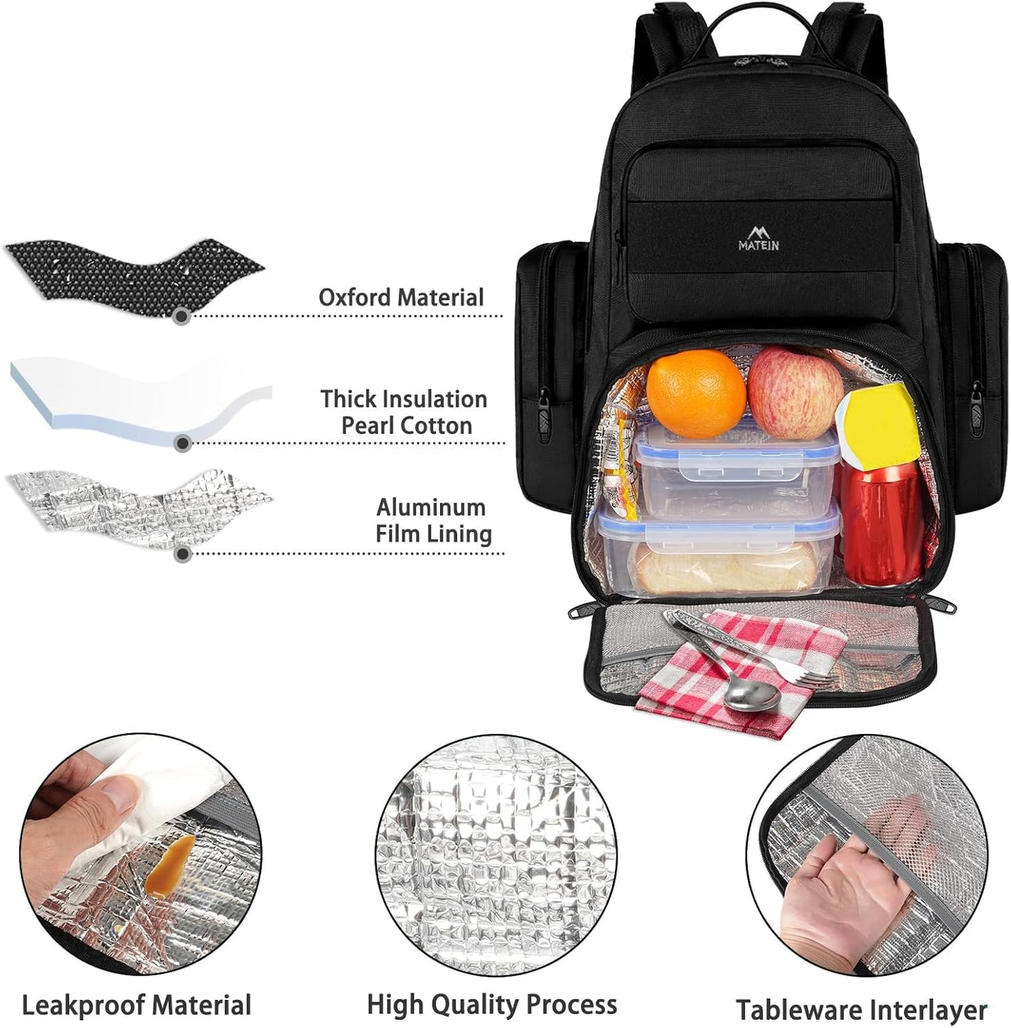 MATEIN Lunch Backpack for Men Work, 15.6 Inch Tactical Backpack with Lunch Compartment, Large Laptop Backpacks with Insulated Cooler Bag for Travel Beach Camping Picnic Hiking, Black