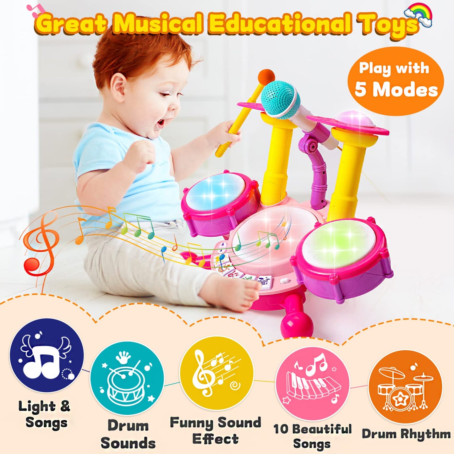 Kids Drum Set for Toddlers with Musical Instruments and Microphone, Ideal Gifts for 1-2 Year Old Boys & Girls, Age 1-3