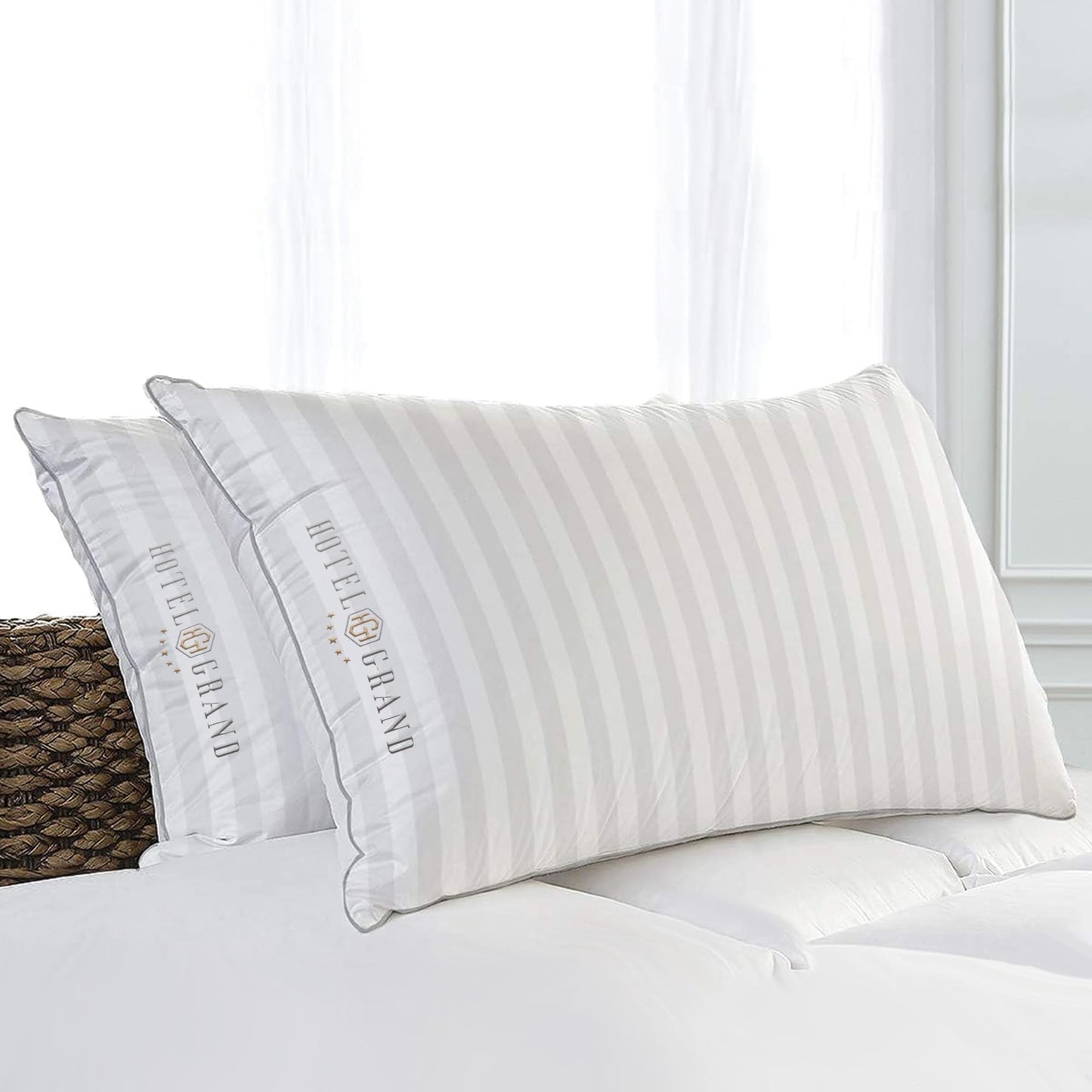 Hotel Grand Bed Pillows Queen Size Set of 2 Packs - 500 Thread Count 100% Cotton Medium Firm Hypoallergenic Feather Down Pillows Machine Washable Pillow for Back, Stomach or Side Sleepers, 20"x28"
