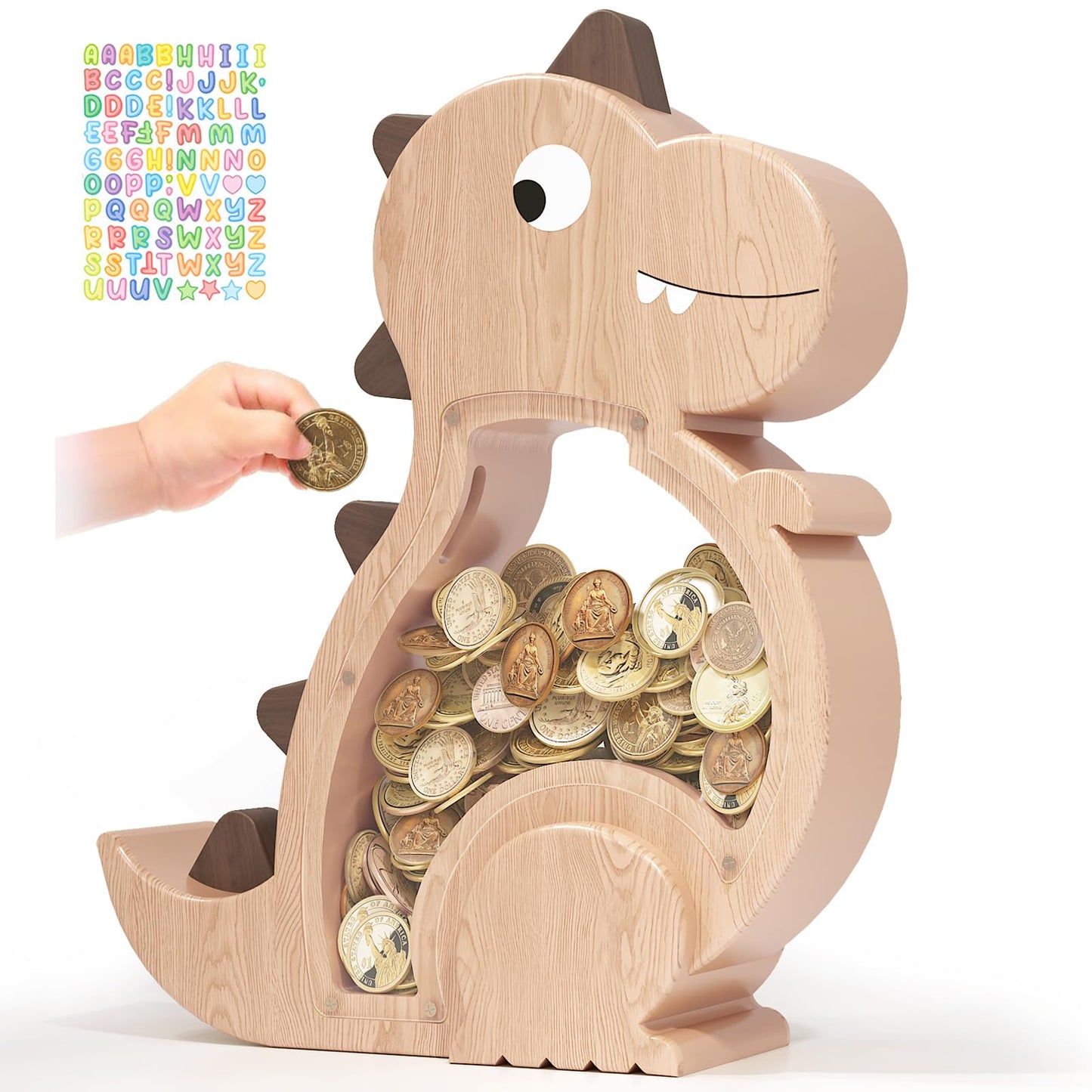 Kibelly Wooden Dinosaur Piggy Bank,Cute Money Bank for Boys and Girls, Unbreakable Wood Coin Bank, Creative Saving Money Jar Personalized Present for Child Birthday & Decor