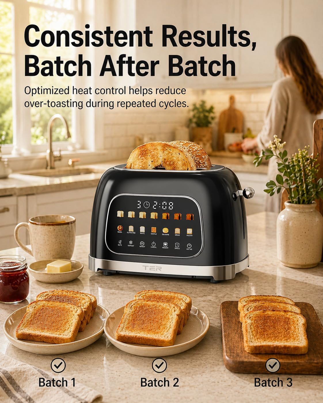 Toaster 2 Slice, Touch Screen Wide Slot Retro Toaster for Bagel & Thick Breads, Stainless Steel Smart Digital Toasters, 7 Bread Modes & 7 Browning Levels, Mute Mode, Memory, Defrost & Reheat, Black