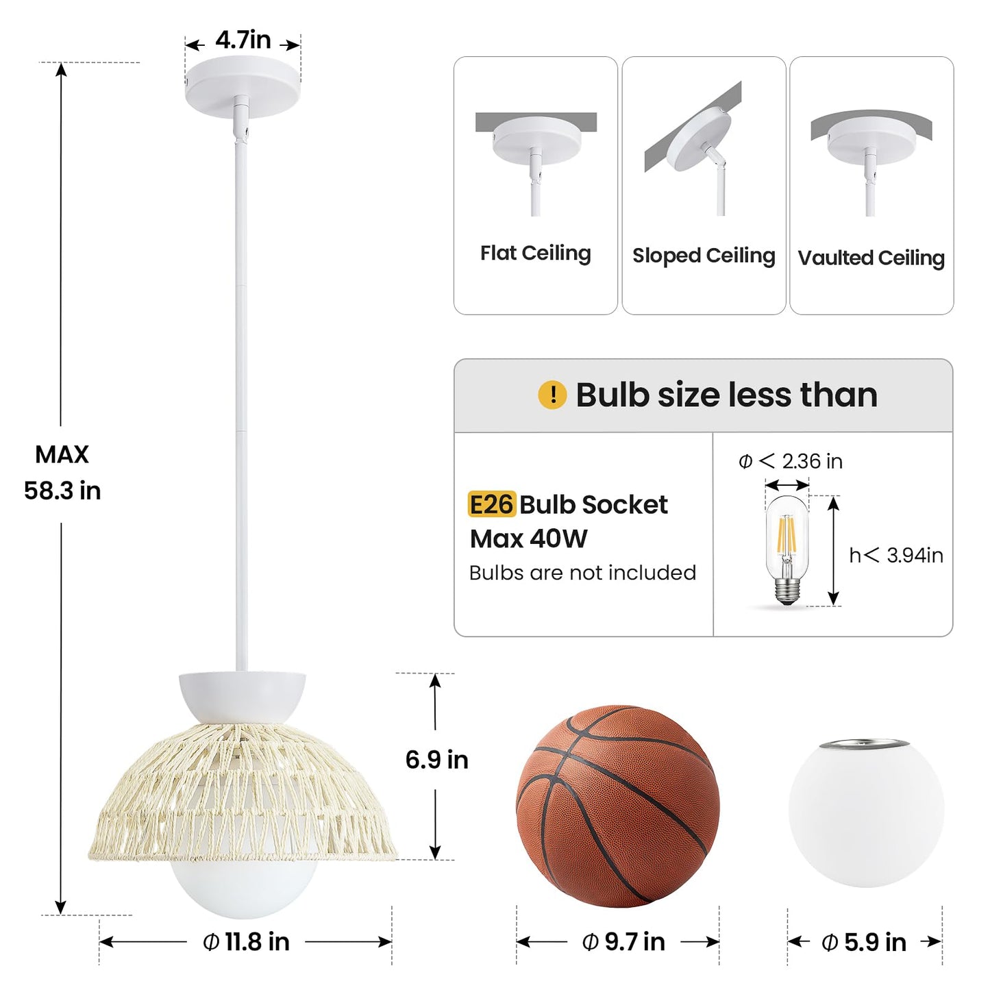 Pendant Light Kitchen Island - 11.8" Rattan Dining Room Light Fixtures over Table Hand-Woven Boho Pendant Light Fixtures with Milk Glass Globe, Adjustable Hanging Light for Bedroom Entryway Foyer