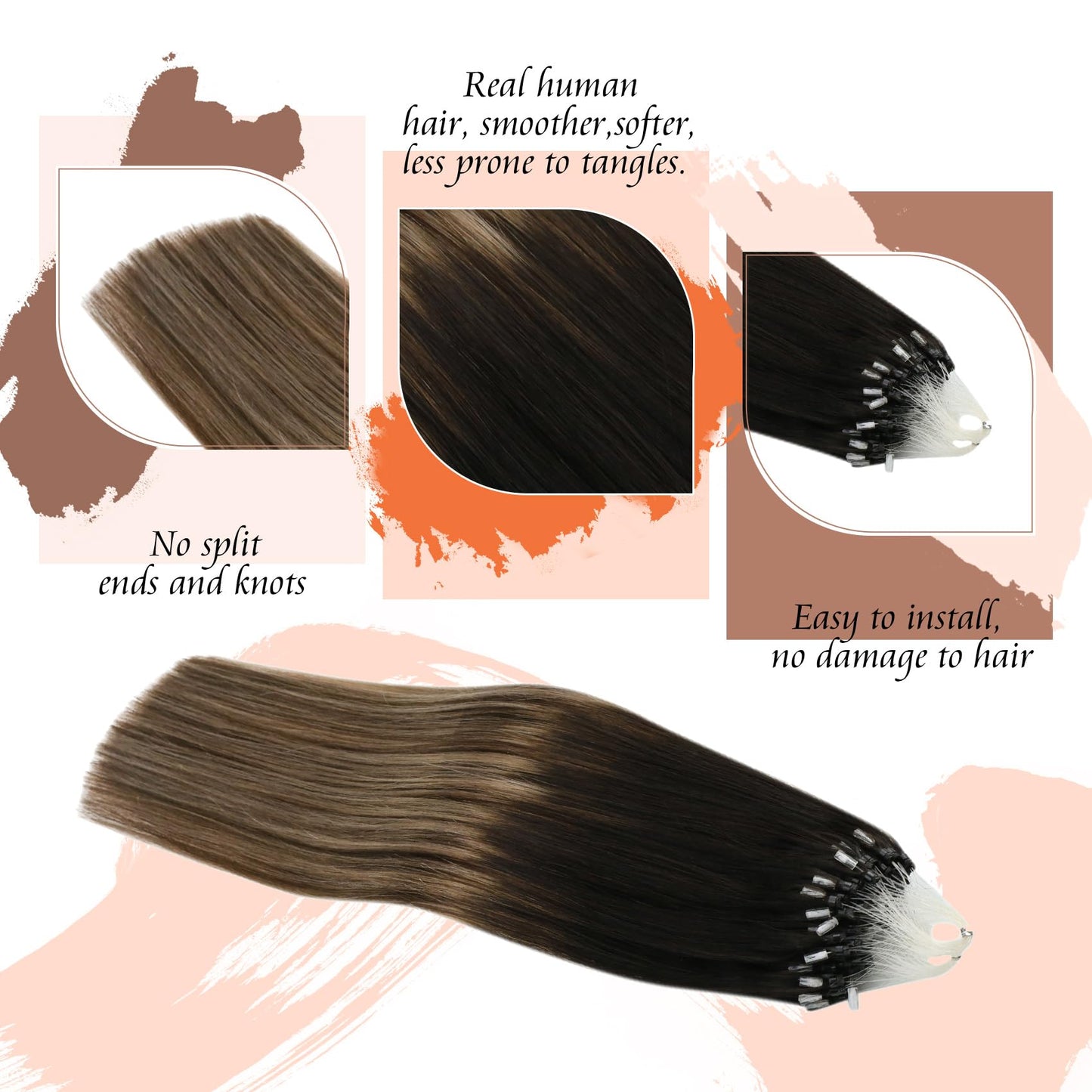 Sunny Hair Micro Loop Hair Extensions Real Human Hair Soft Micro Ring Hair Extensions Human Hair Black Balayage Dark Brown Ombre Medium Ash Blonde Micro Hair Extensions Black for Women 50g 20inch