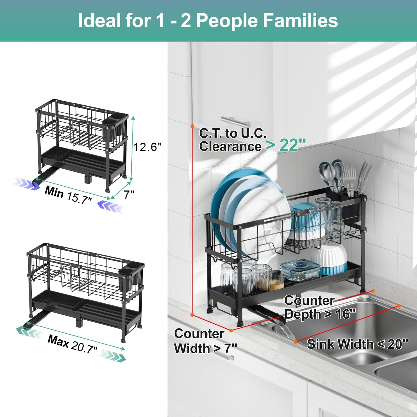 GSlife Narrow Dish Drying Rack, 2 Tier Small Dish Drainer for Kitchen Counter, Expandable Compact Dish Rack with Utensil Holder for RV/1-2 People, 15.7''-20.7''L x 7" D x 12.6" H, Black