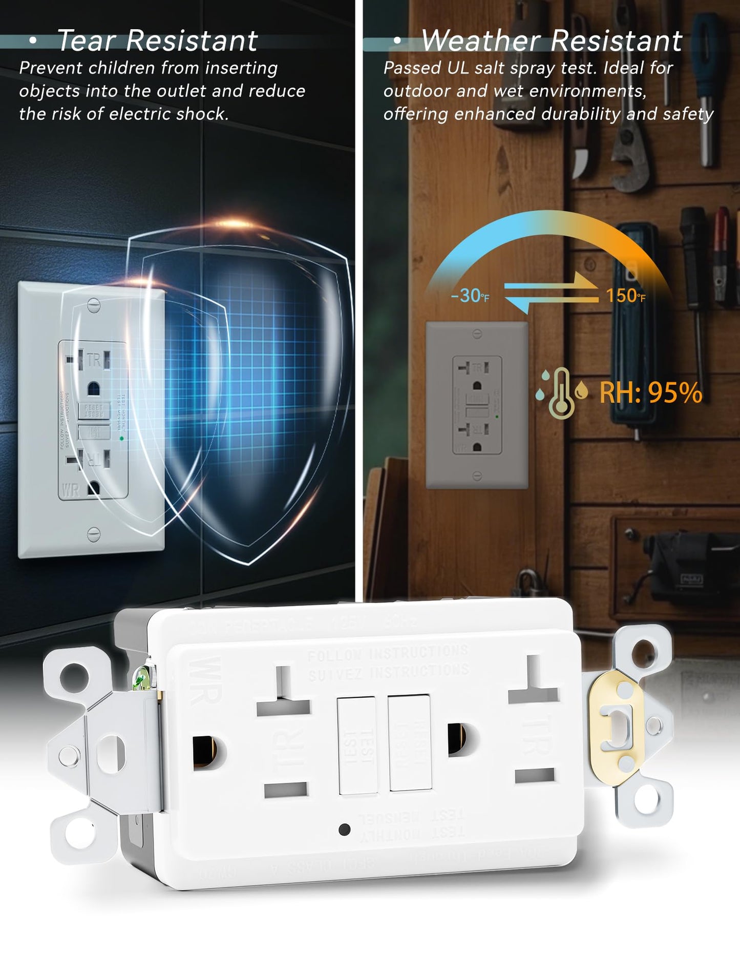 4-Pack 20 Amp GFI Electrical GFCI Outlet Self-Test Tamper Resistant (TR) Weather Resistant (WR) Ground Fault Receptacle with LED Indicator UL Listed Standard Wall Plate Included White