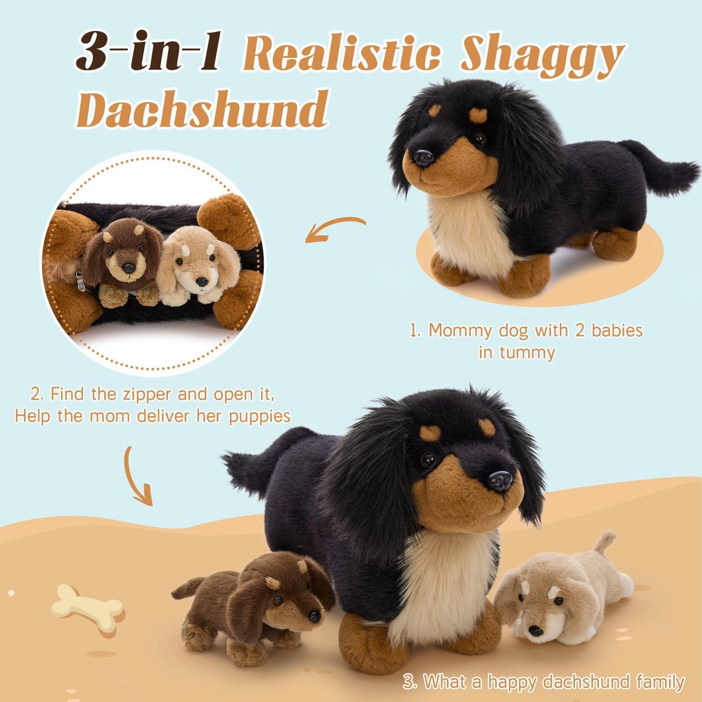 MorisMos 20'' Large Sausage Dog Stuffed Animal Mommy with Baby Puppy Toys for Kids, 3Pcs Realistic Long Hair Sausage Toys for Girl Boy Birthday Christmas