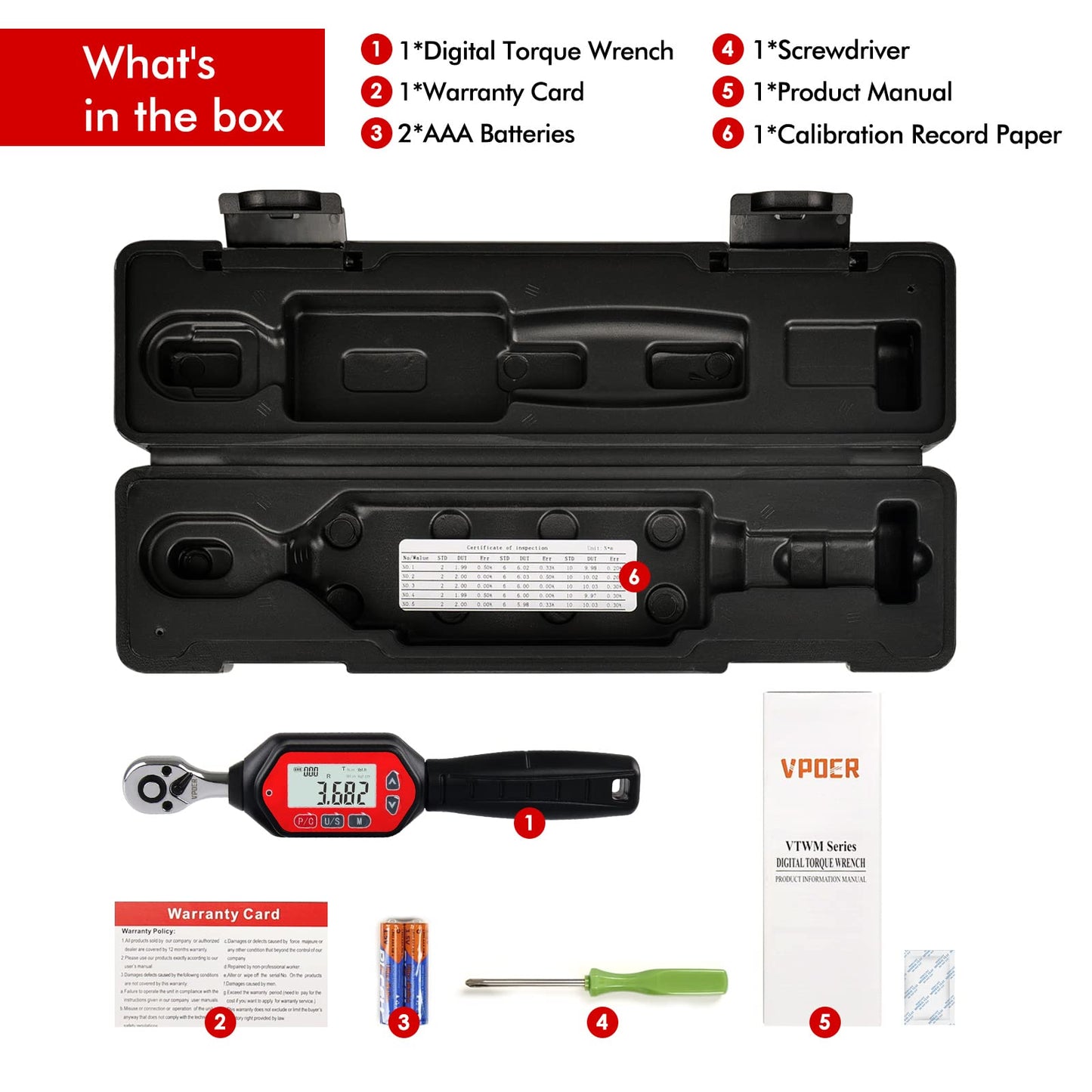 VPOER Digital Torque Wrench 1/4-inch Drive, 0.22-7.37 ft-lbs (0.3-10 Nm) (2.65-88.5 inch pound) with Buzzer & LED, Calibrated