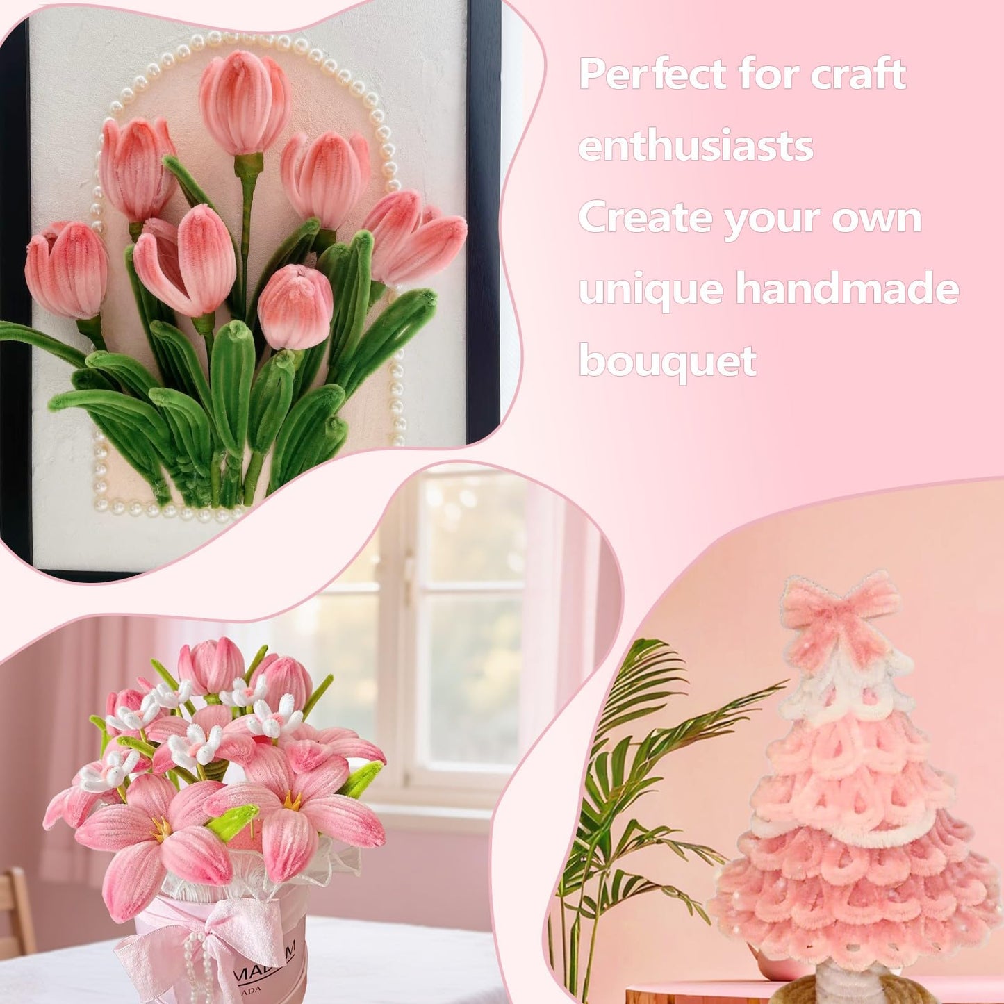 Homxzioa 500 Pcs Pipe Cleaner Flower Kit, Chenille Stems Craft for DIY Flower Making, Pipe Cleaners Bulk Kit with Green Floral Wires,Gardening Tape,Stamen