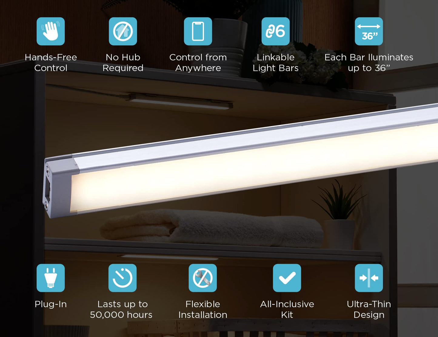 BLACK+DECKER Compatible with Alexa Smart LED Under Cabinet Lighting Kit, Motion Sensor, Dimmable , 3 Color Settings, For Kitchen, Cabinets and Closets, (4) 9" Bars, White, A Device