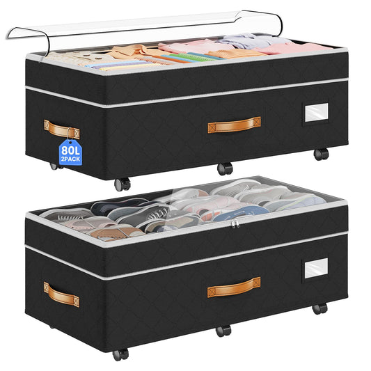 Budding Joy Under Bed Storage with Wheels 2Pack, 80L Height Adjustable Underbed Containers with Clear Lids, Rolling Under Bed Shoe Storage Organizer for Dorm Home Clothes, Blankets, Toys, Black