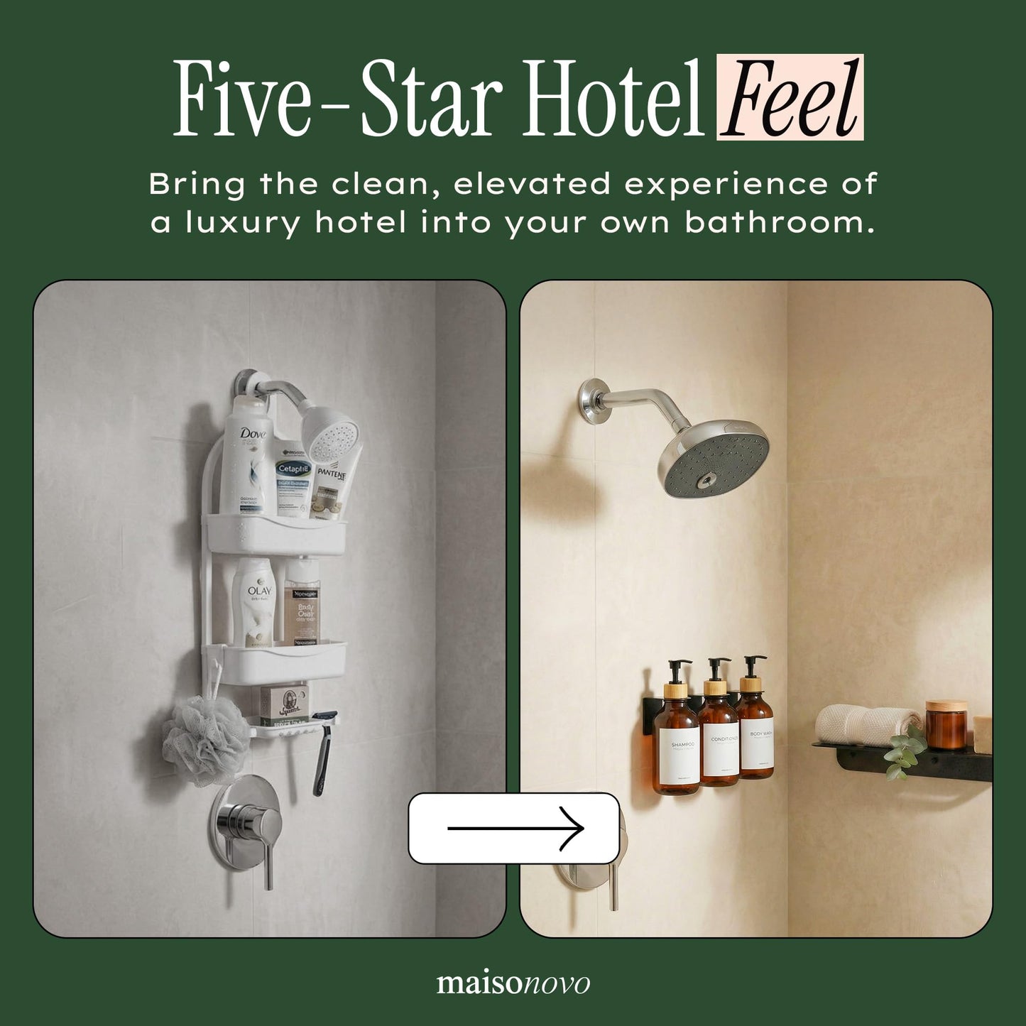 Shampoo and Conditioner Dispenser Wall Mounted Set of 3 Green - No Drill Shower Soap Dispenser for Bathroom Refillable - Spa Hotel Style Accessories by MaisoNovo