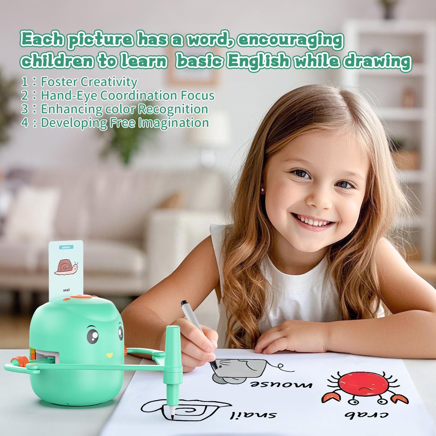 Interactive Educational Drawing Robot for Kids - Montessori Learning Toy with 150 Word Cards, Voice Interaction, Ages 5+ (Green)