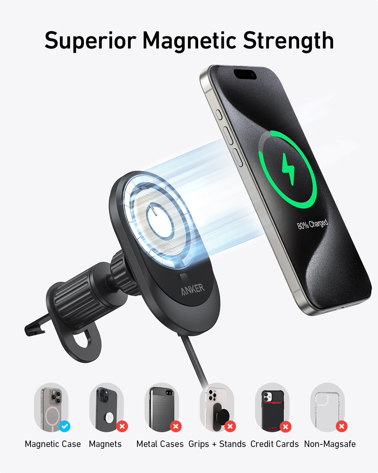 Anker MagSafe iPhone 16 Wireless Car Charger Compatible, MagGo 15W Fast Car Charger, 360° Adjustable Angle and Strong Magnets, Car Phone Holder Mount, For iPhone 16/15/14 Series (Adapter Included)