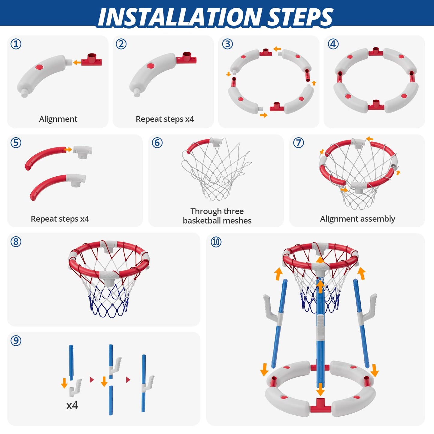 2 in 1 Pool Basketball Hoop Set with Ring Toss Game, Floating Water Pool Toys with 4 Balls, 8 Rings & Pump, Summer Outdoor Swimming Pool Toys Gifts for Adults Kids Teens, Red