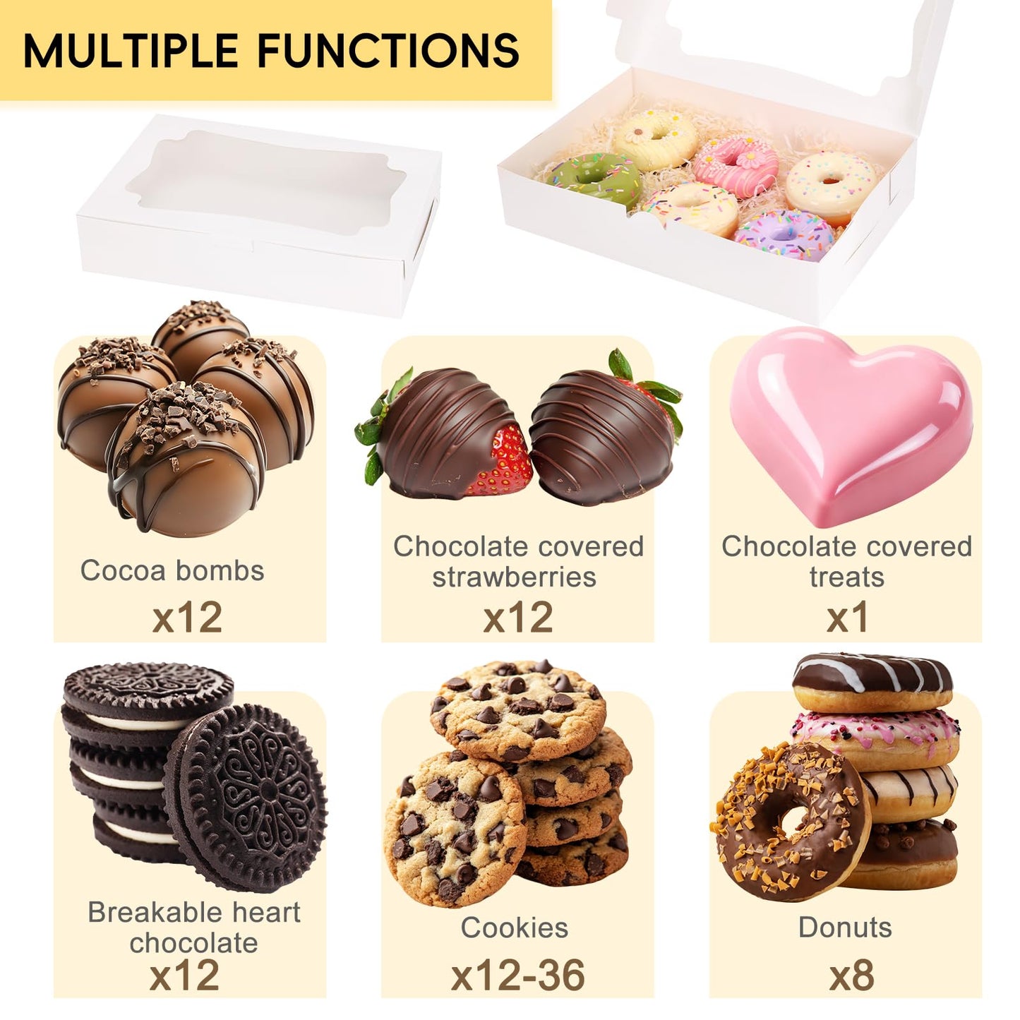 TOMNK 80pcs Cookie Boxes with Window, 12x8x2.5 Inches 4 Style Bakery Boxes, Large White Treat Containers for Chocolate Strawberries, Cakes, Donuts, Muffins and Pastries