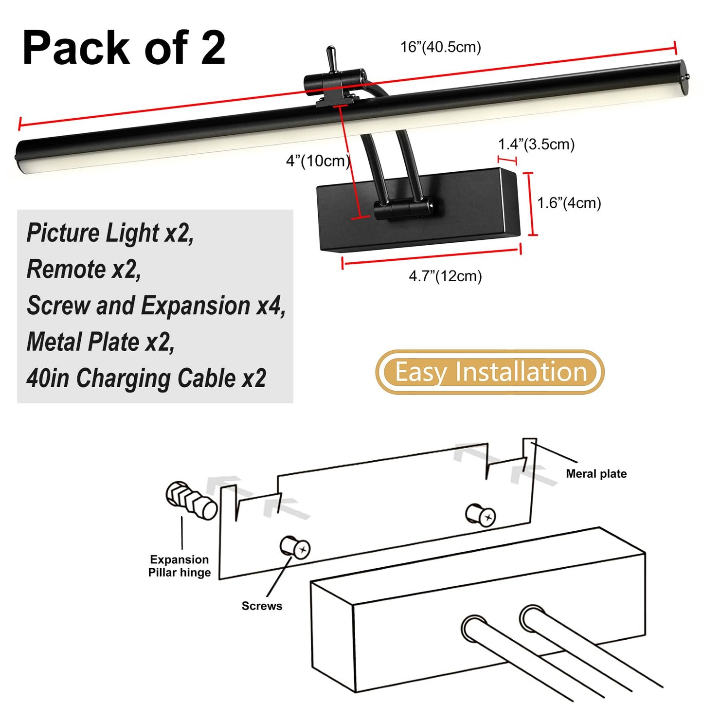 Yuichoy 2 Pack Picture Lights for Wall Battery Operated, 16 inch Wireless Art Lighting for Painting, 6 Colors Picture Frame Lights with Remote, Dimmable 5200mAh Gallery Light, Black