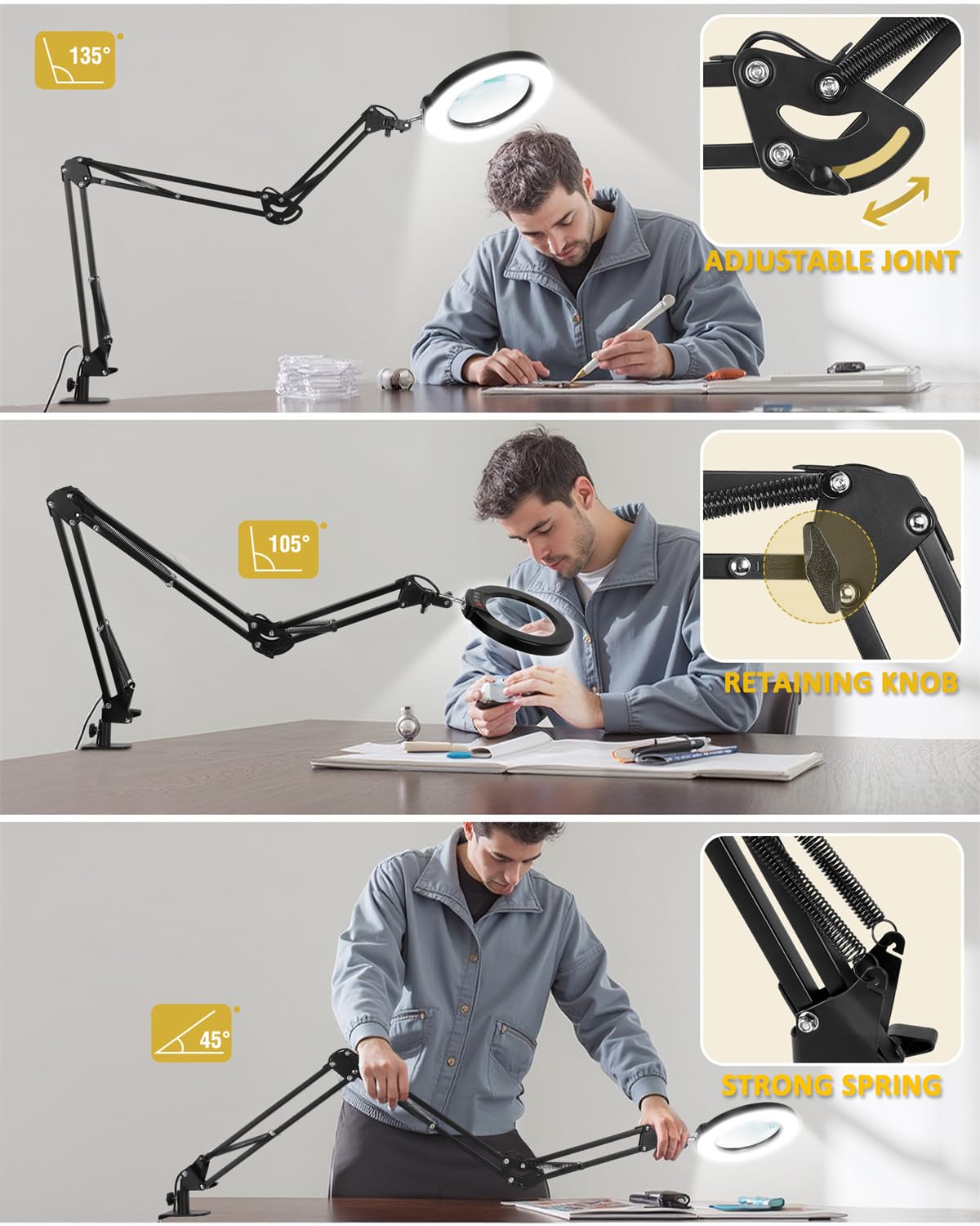 12X Magnifying Glass with Light and Clamp, Ultra Long 3 Section Swing Arm LED Desk Lamp, Real Glass Lens, 5 Color Modes Dimmable, Hands Free Lighted Magnifier with Stand for Repair Craft Close Work