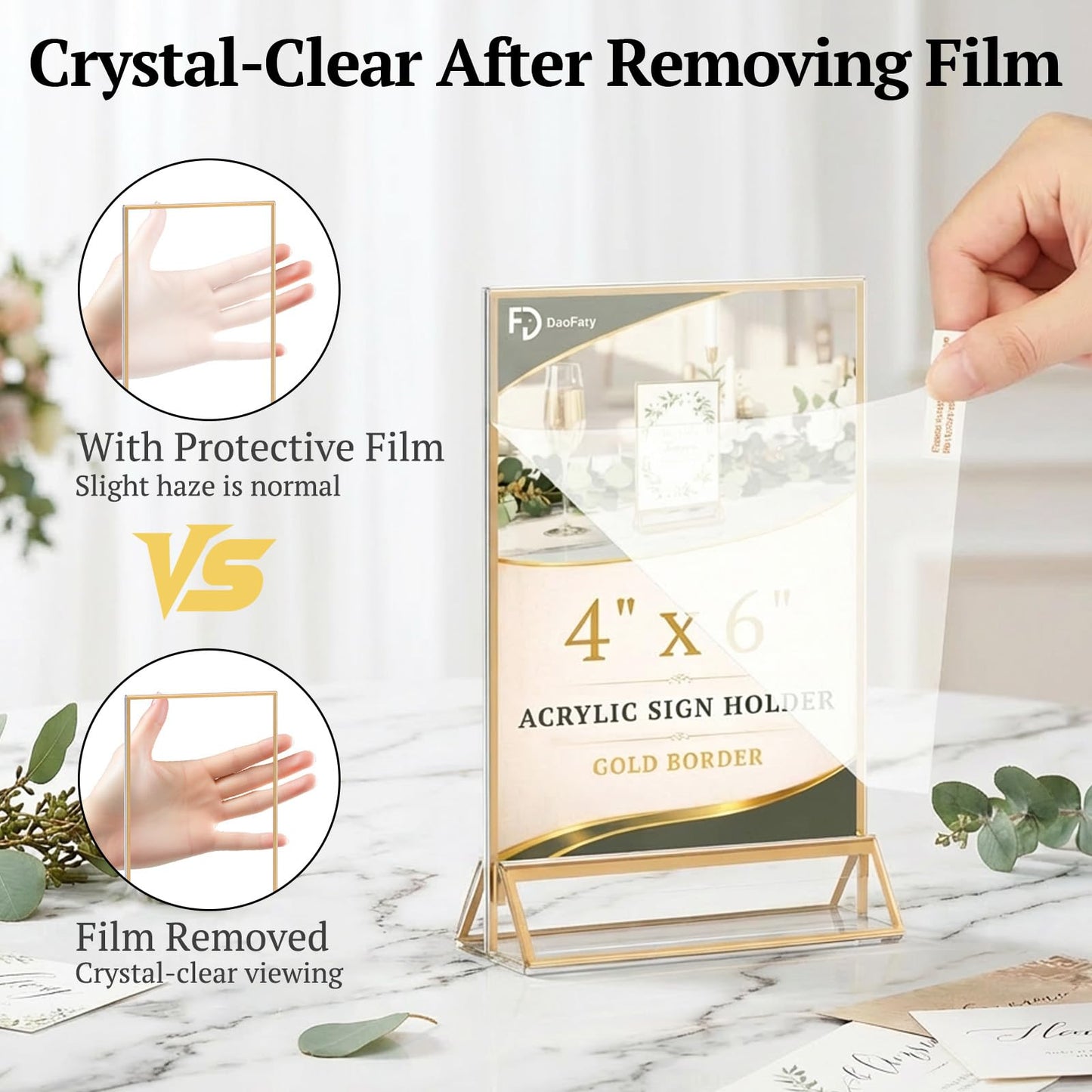 Daofary Acrylic Sign Holder 4x6, 14 Pack Double Sided Clear Gold Frame Tabletop Display, Menu Flyer Table Number Holder for Wedding Reception and Restaurant Tables