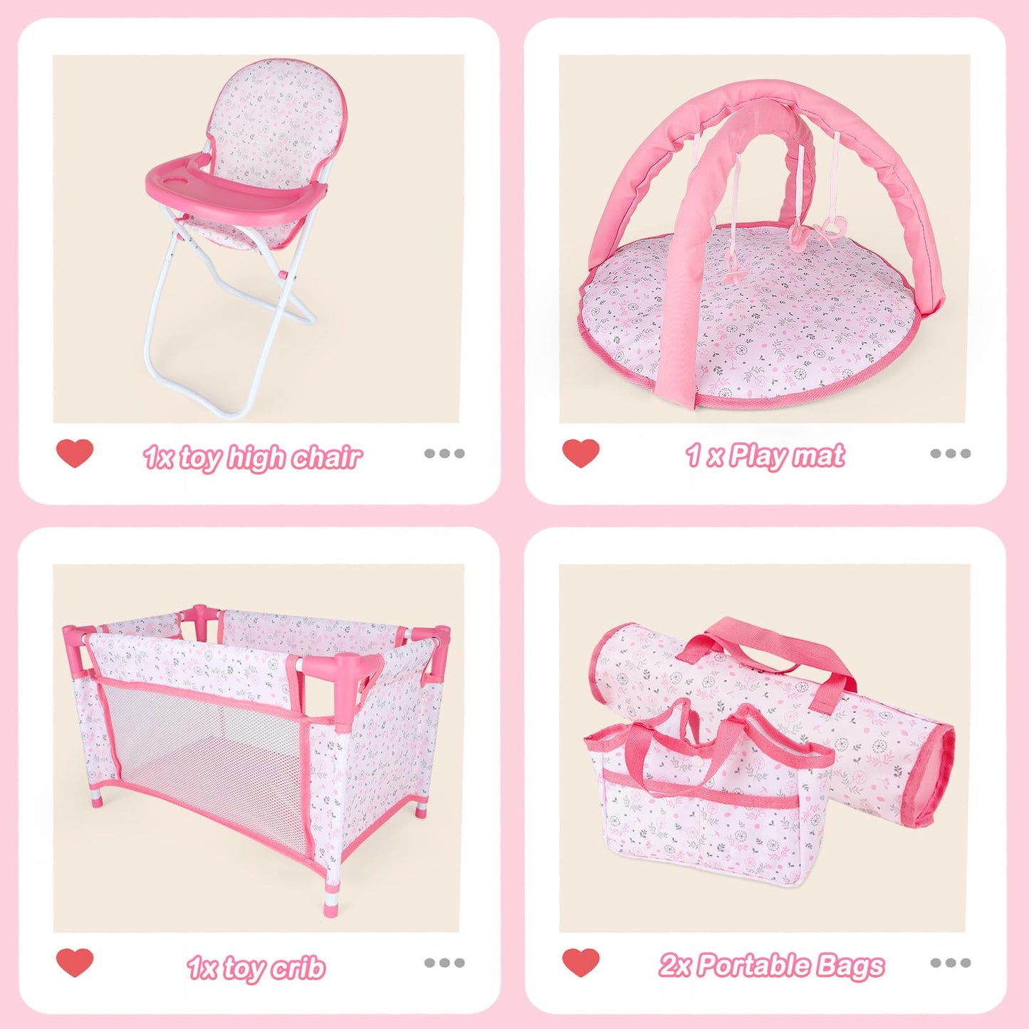 deAO Baby Doll Accessories Baby Doll Playset Doll High Chair Baby Doll Crib Bed Play Mat Storage Bag Handbag Wing - 6 in 1 Pink Dolls Playset with Furniture Toys for 12-14’’ Dolls