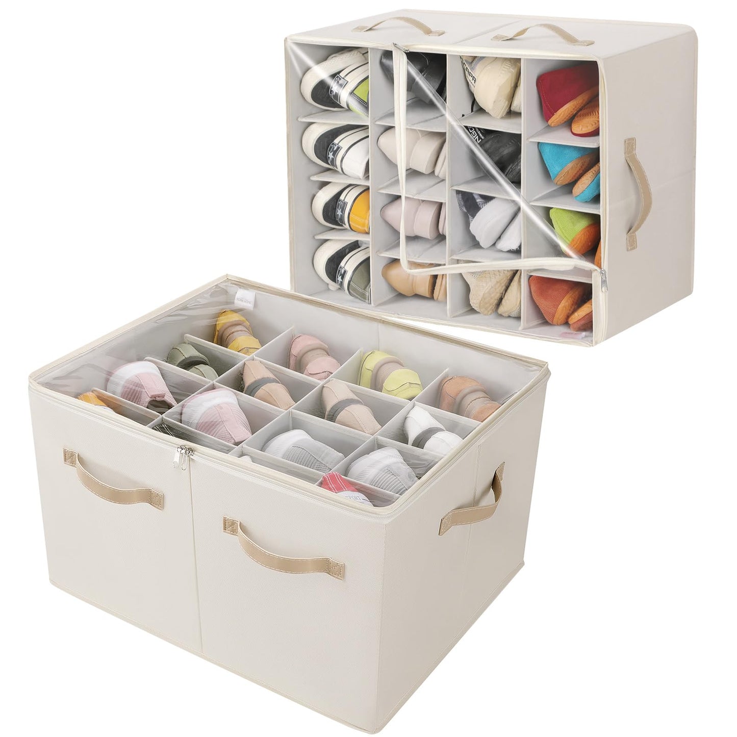 TOPIA HOME Shoe Organizer for Closet 2 Pack, Foldable Shoe Box with Adjustable Dividers and Clear Cover, Space Saving Shoe Storage Organizer Cabinet with Reinforced Handles, Fits 32 Pairs Beige TP12Y