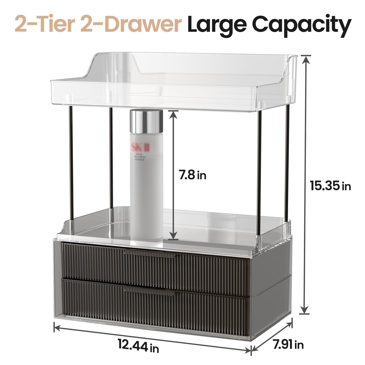 Delamu Bathroom Organizers and Storage, 2-Tier 2-Drawer Makeup Organizer Countertop, Easy to Install, Ideal for Bathroom Storage, Vanity, Large Skincare, Perfume, Present, and More, Black