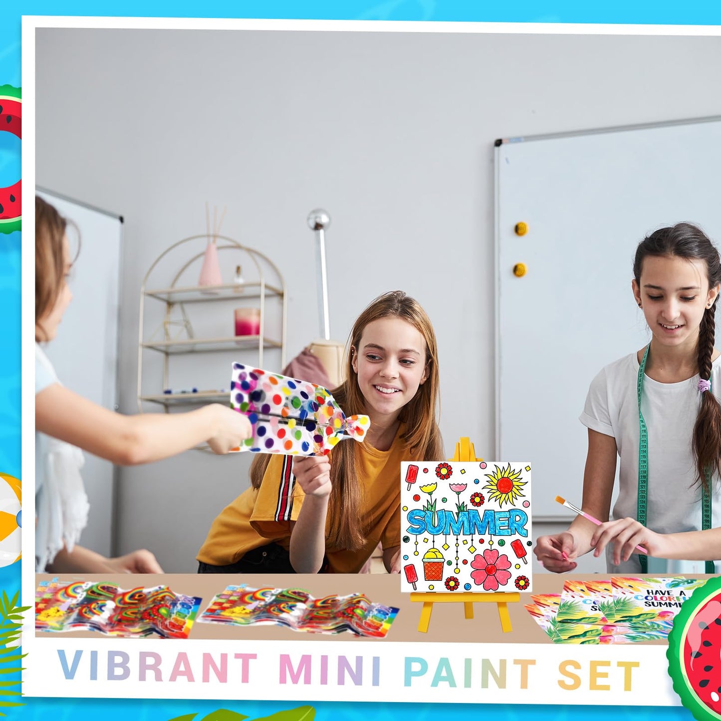 AmazingSpark 12 Set Mini Summer Party Watercolor Paint Set Mini Canvas Acrylic Painting Kit with Cards, Plastic Easel, Canvases, Paint Kit Art Party Favors Classroom Prize School Year Gifts