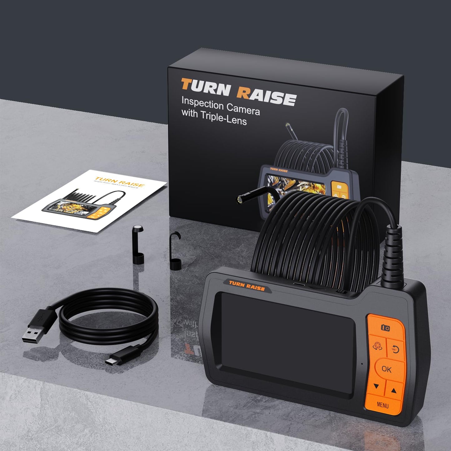 Triple Lens Inspection Drain Camera, 5" IPS Split Screen Borescope with Light & 32GB Card, 1080P HD Sewer Camera 16.5FT Semi-Rigid Cable, IP67 Plumbing Snake Endoscope Probe for HVAC + Case