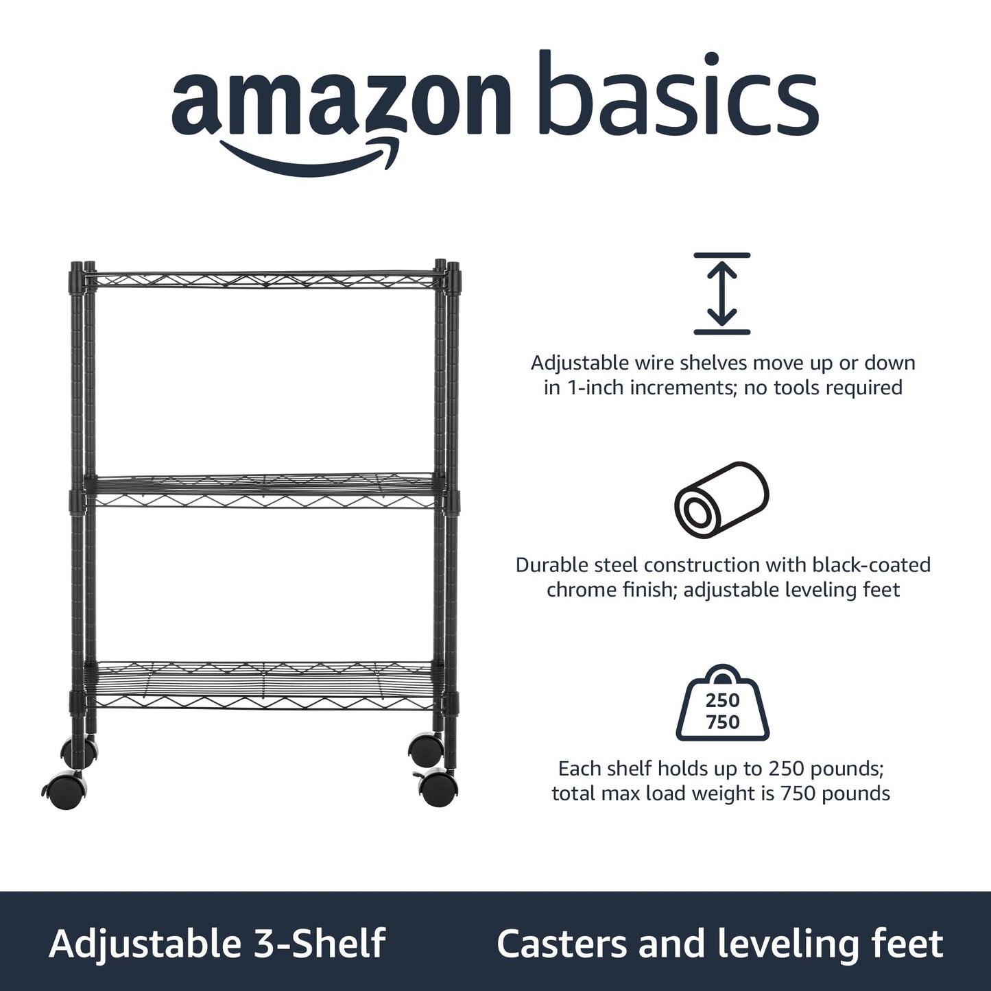 Amazon Basics 3-Shelf Adjustable, Heavy Duty Storage Shelving Unit on 2'' PP Plastic Wheel Casters, Metal Organizer Wire Rack, 23.2" L x 13.4" W x 32.75" H, Black