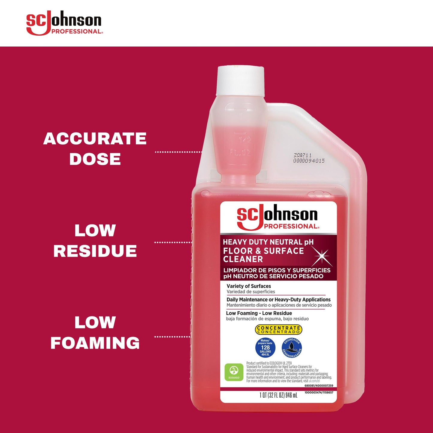 SC Johnson Professional Heavy Duty Neutral pH Floor and Surface Cleaner, Floor Cleaner Concentrate, 32 fl. oz. Bottle, Case of 2, for Professional Use Only
