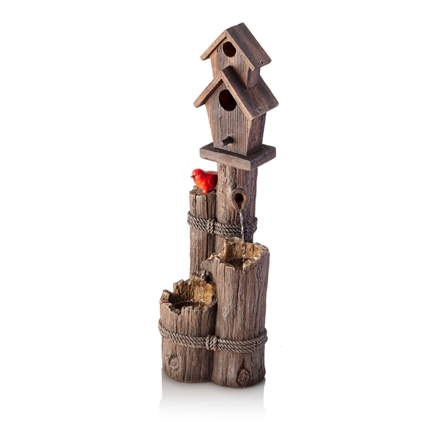 Alpine Corporation WCT1002 35" Tall Outdoor 3-Tier Birdhouse Water Fountain with Cardinal Accent, Rustic Floor Decor for Garden and Patio, Brown