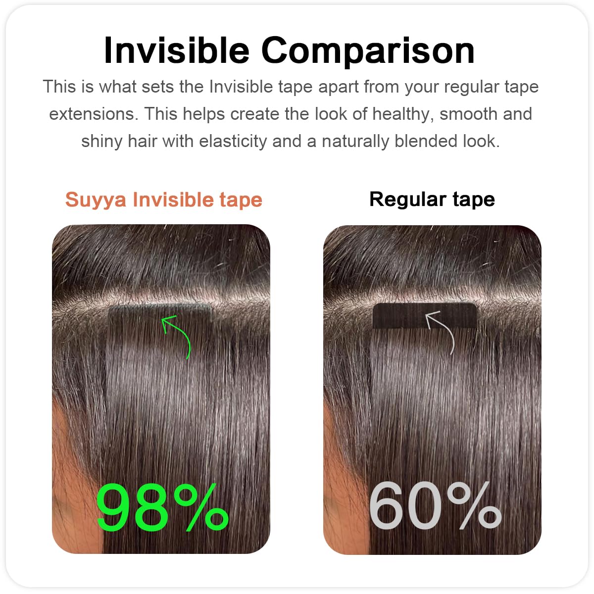 SUYYA Invisible Tape in Hair Extensions Human Hair Darkest Brown Seamless Injected Hand-Tied Pro Quality Virgin Human Hair 20PCS 40G/Pack Straight Tape Ins(16 inch #2 Darkest Brown)