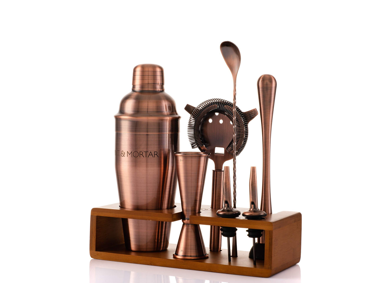 Mint & Mortar Cocktail Shaker Set, 7-Piece Bartender Kit with Stand, 24oz Martini Shaker Bottle Stainless Steel Bar Tools, Home Bar Accessories Drink Mixer, Barware Gift Set - Brushed Copper