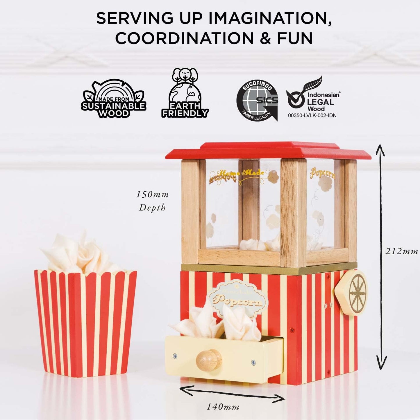 Le Toy Van - Wooden Honeybake Retro Popcorn Machine | Cinema, Kitchen Or Movies Pretend Play | Movie Night Role Kids Play Toy