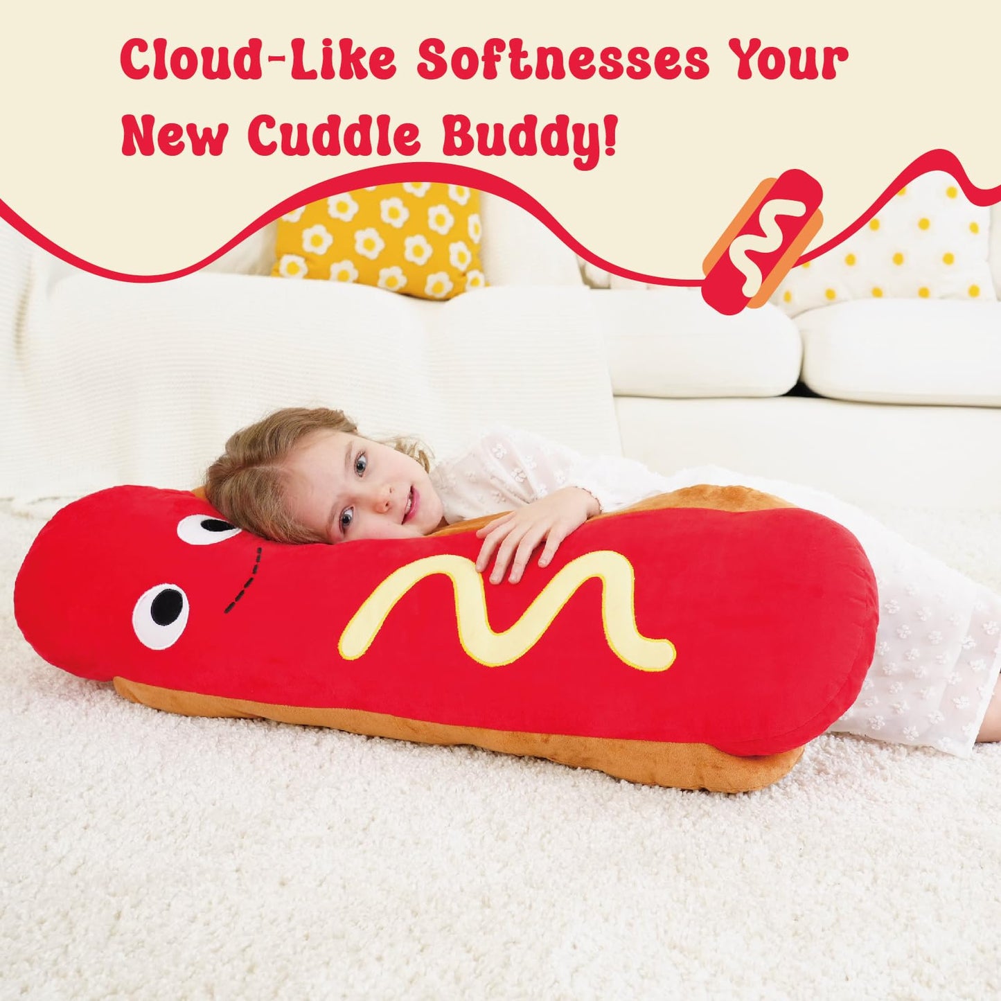 Zctghvy Giant Hot Dog Plush Pillow – 35 Inch Funny Food Plush Toy, Soft Stuffed Hot Dog Pillow, Oversized Hugging Cushion, Jumbo Plushie for Kids, Birthday