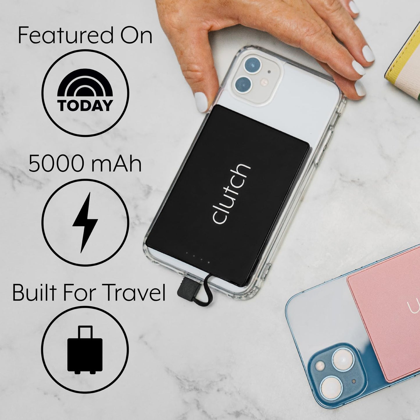 Clutch - Pro USB-C Portable Charger - Compatible with iPhone 15, 16 & Android Devices - Power Bank Magnetic Battery - TSA Travel Approved - USB Rechargeable - Built-in Cable - 5000 mAh - 3.7oz - Black