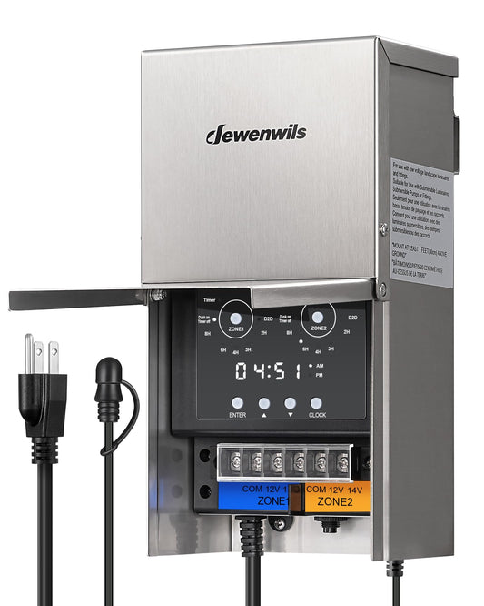 DEWENWILS 200W Low Voltage Landscape Lighting Transformer, 120V to 12V/14V, Outdoor Landscape Transformer with Photocell Sensor & Timer, Weatherproof, Multi Zone for Spotlight, Patio Light, ETL Listed