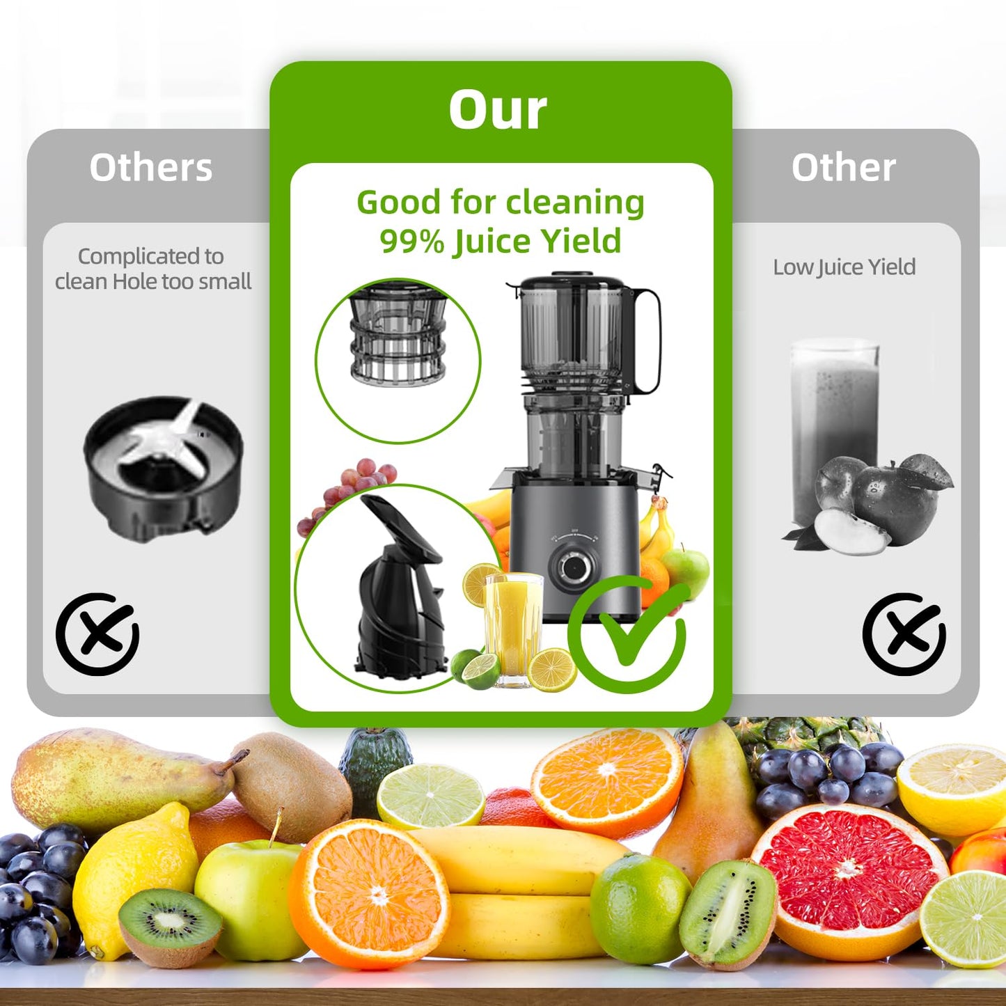 Budsom Cold Press Juicer Machine: 300W Slow Masticating Juicer for Whole Fruits & Vegetables, 5.3" Wide Feed Chute, High Juice Yield, Easy to Clean, Quiet 55 RPM, Juice Extractor for Home & Kitchen
