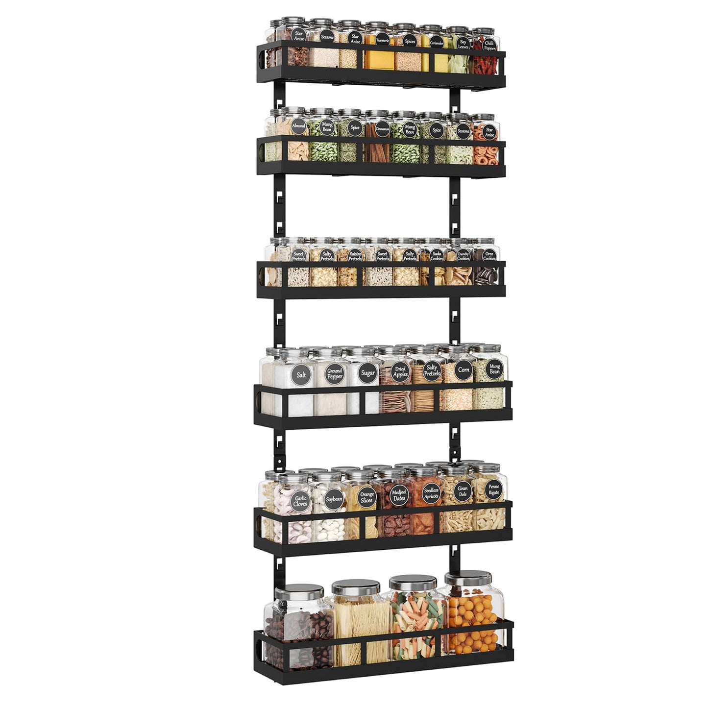 X-cosrack 6-Tier Wall-Mounted Spice Rack Organizer with Mixed Basket Sizes, Height-Adjustable Hanging Spice Shelf for Kitchen Pantry Cabinet, Large-Capacity Seasoning Holder, Black