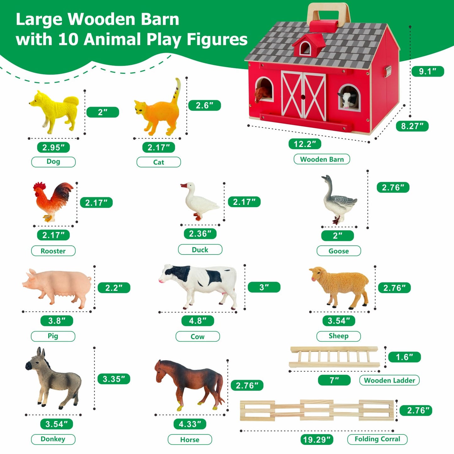 SIMPLIPLAY Farm Animal Toys with Portable Large Wooden Barn for Kids 3+ Years Old, 10 PCS Farm Animal Figures for Boys, Girls, Animal Lovers, Ideal Gift for Kids Toddlers, Improve Fine Motor Skills