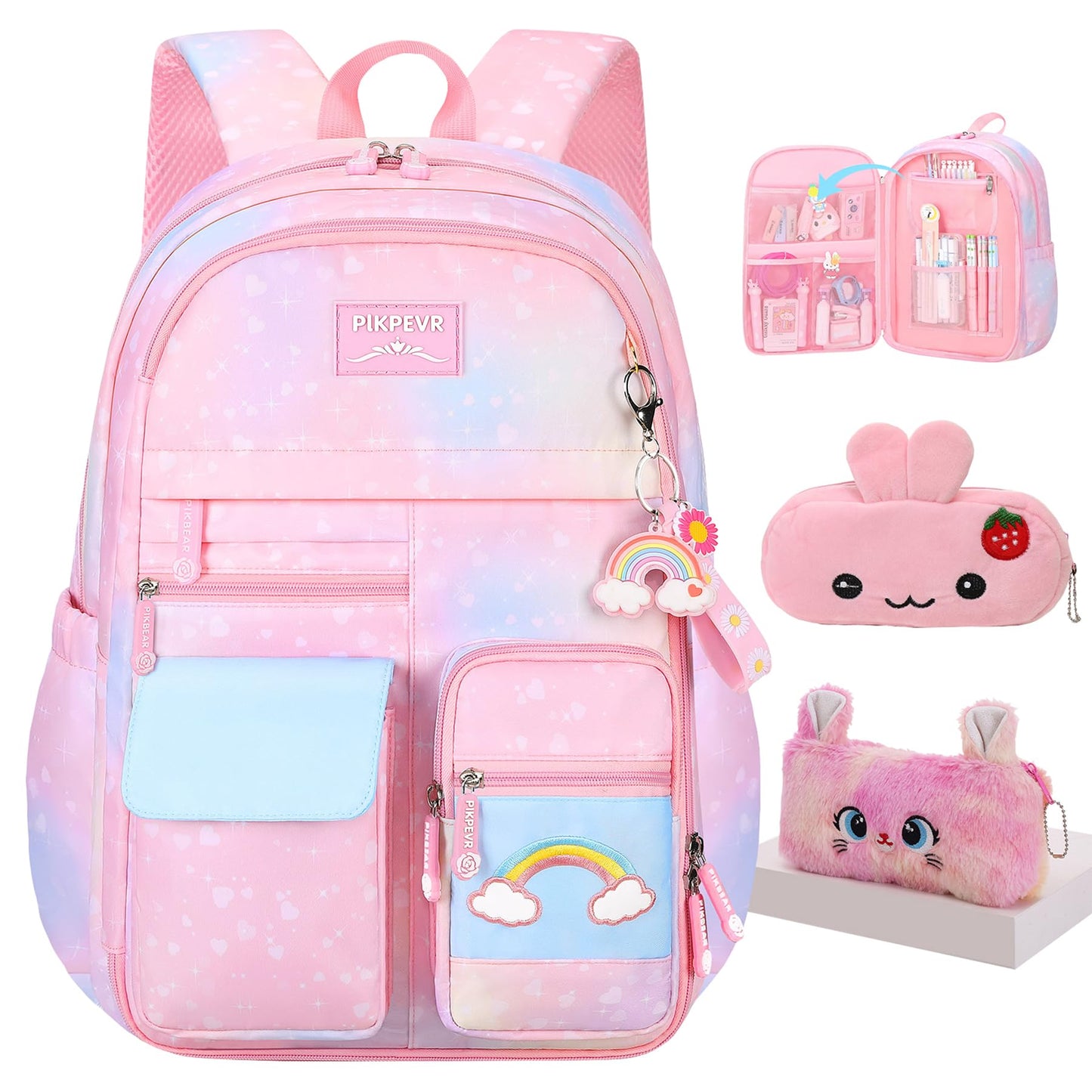 Jcobvig Rainbow Backpack For Girls Kids,Cute Student School Backpack With Pen Bag,Pink Aesthetic Starry Rainbow Laptop Travel Bag (Pink Medium 16.5in