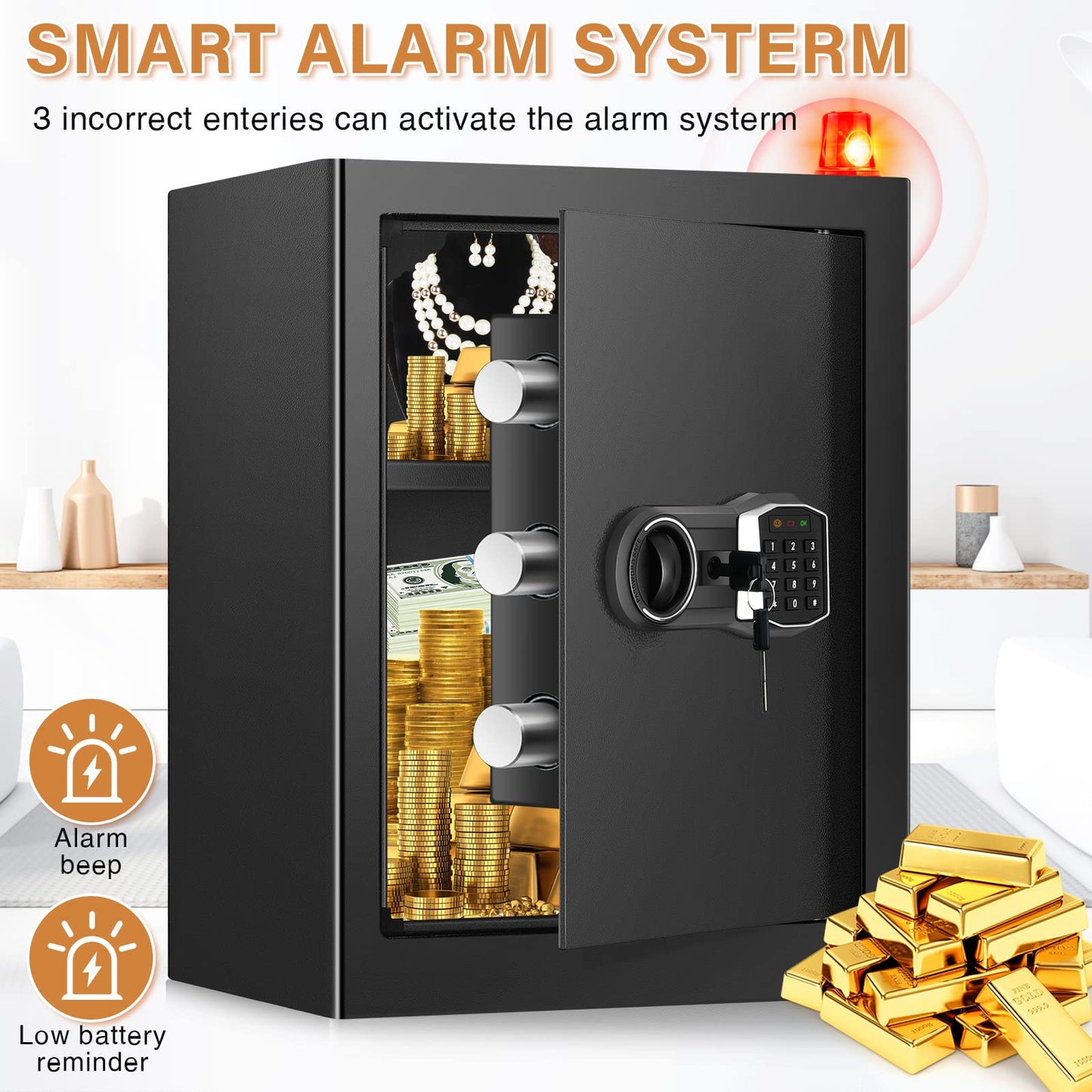 3.3 Cub Home Safe Fireproof Waterproof, Large Fire proof Safe Box with Fireproof Bag, Digital Keypad Key and Removable Shelf, Personal Security Safes for Home Money Jewellery Documents Valuables