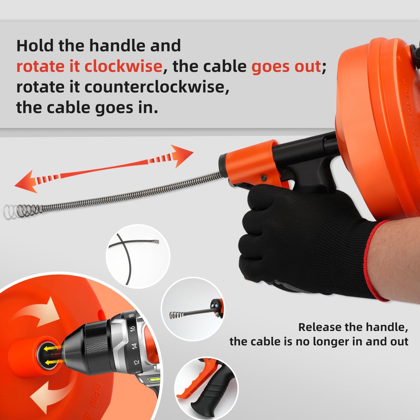 50FT Drain Snake Auger [1/4inch]- Manual or Drill Powered AUTO FEED- Flexible & Powerful 50 Feet Plumbing Snake for Kitchen, Shower & All Drains- Snake Drain Hair Remover Tool with Gloves, Storage Bag