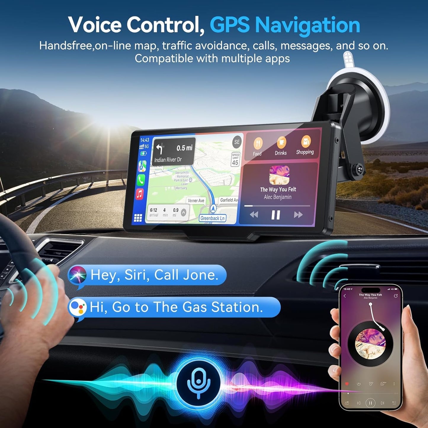 Portable Carplay Screen for Car, 10.26" Wireless Carplay Car Stereo & Android Auto Car Play Touchscreen with 1080P Backup Camera,GPS Navigation,Voice Control,5.0 Bluetooth (10.26inch)
