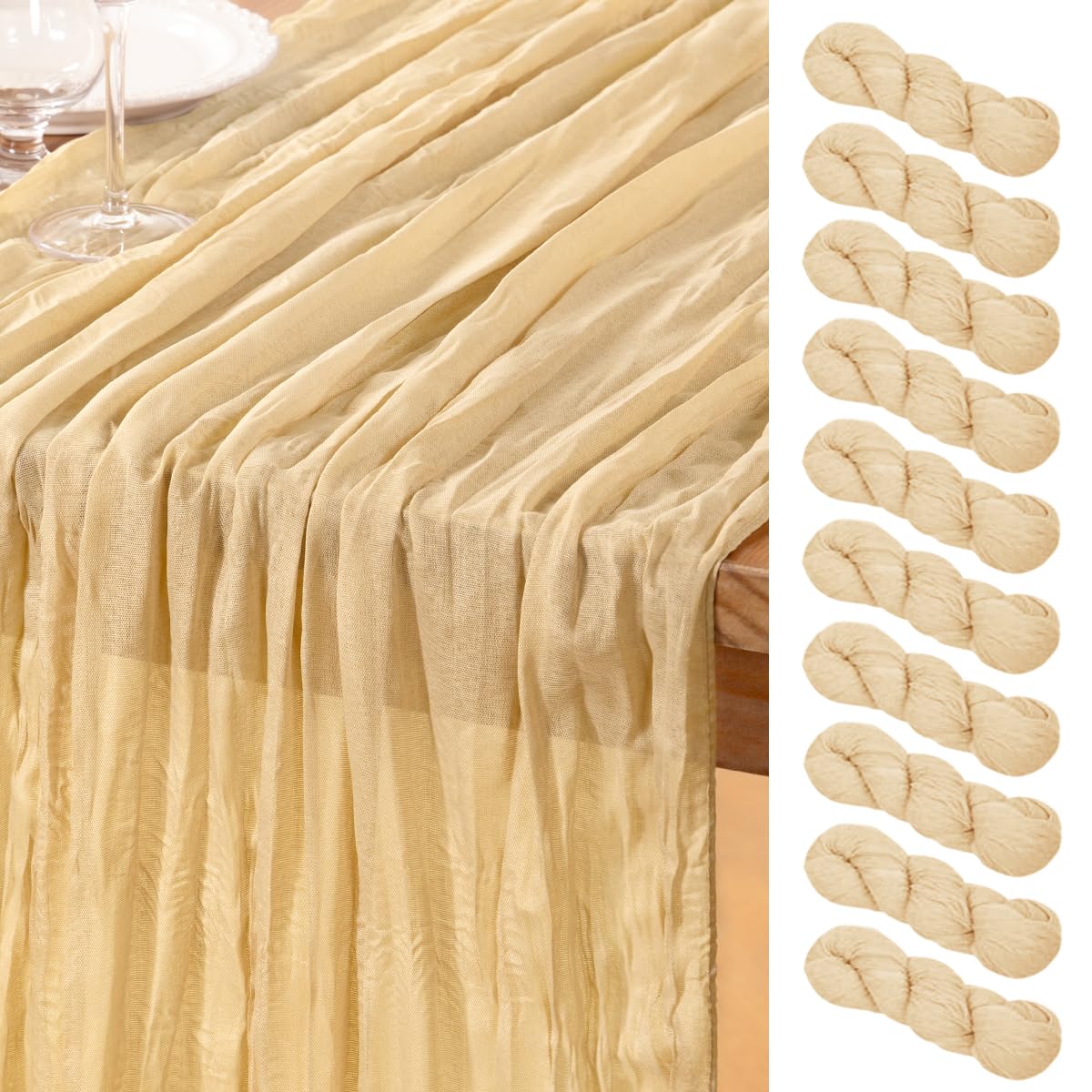 DeZerlor Champagne Gold Cheesecloth Table Runner 10 Pack Summer Table Runners Boho Gauze 120 Inches Cheese Cloth Table Decor for Wedding Bridal Baby Shower Parties
