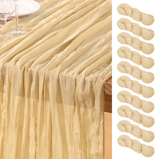 DeZerlor Champagne Gold Cheesecloth Table Runner 10 Pack Summer Table Runners Boho Gauze 120 Inches Cheese Cloth Table Decor for Wedding Bridal Baby Shower Parties