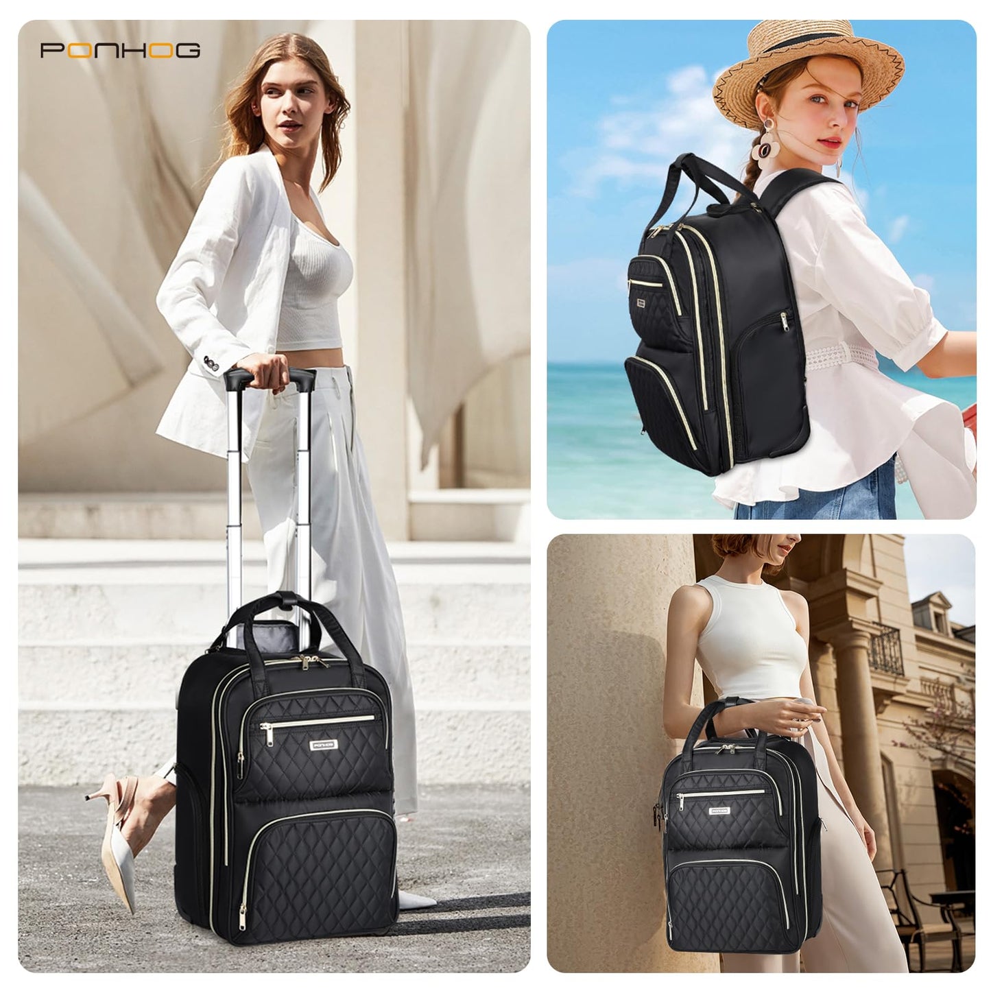 Ponhog Rolling Backpack for Women, 15.6 Inch Travel Laptop Wheeled Backpack, 30L Roller Carry on Luggage for Adults Business College Work Overnight, Stylish Personal Item Suitcase, Black