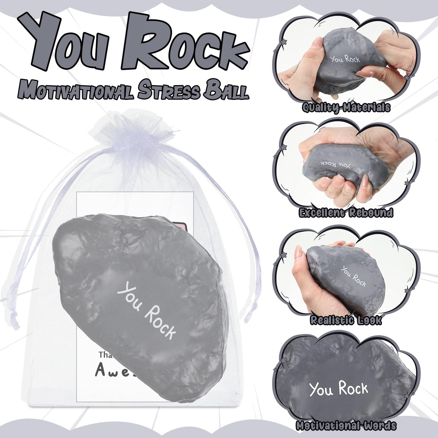 Gemscream Inspirational Stress Foam Stone Bulk Motivational Stress Balls Relief Ball Appreciation Gifts with Card Organza Bag Thank You for Being Awesome Gifts, 4 Inch(50 Set,Stone)