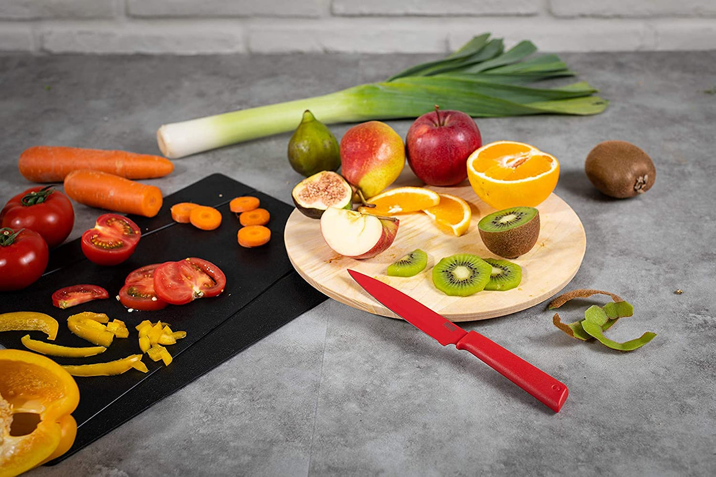 Kuhn Rikon COLORI+ Mixed Knife Set with Non-Stick Coating and Safety Sheaths, Set of 3, Green, Red and Graphite Grey